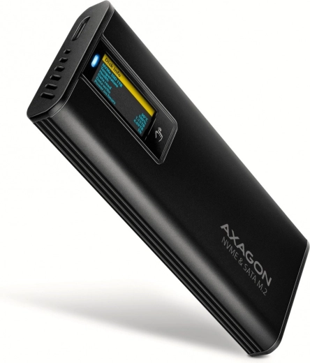 Axagon EEM2-SD2B ekstern aluminiumskabinet til M.2 NVMe/SATA, USB-C 3.2 Gen 2, LED-display, sort