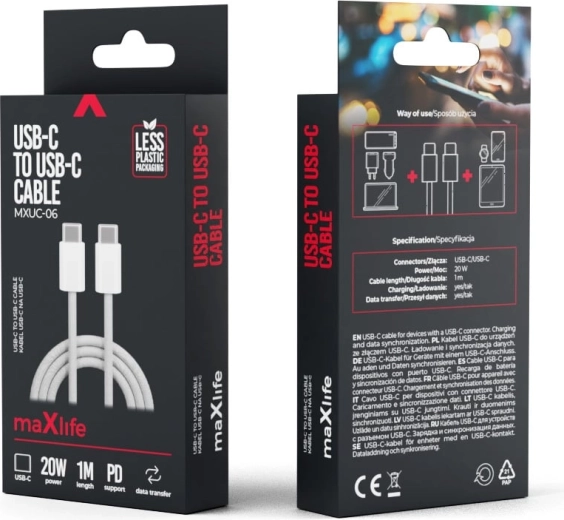 Maxlife nylonkabel USB-C – USB-C 1 m 20 W grå