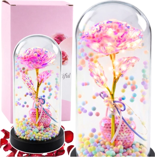 Evighedsrose under glaskuppel med LED-belysning, pink, med hjerte og farvede kugler