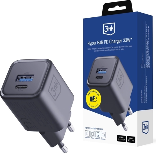 3MK Hyper Charger PD 33W GaN vægoplader USB-A og USB-C sort