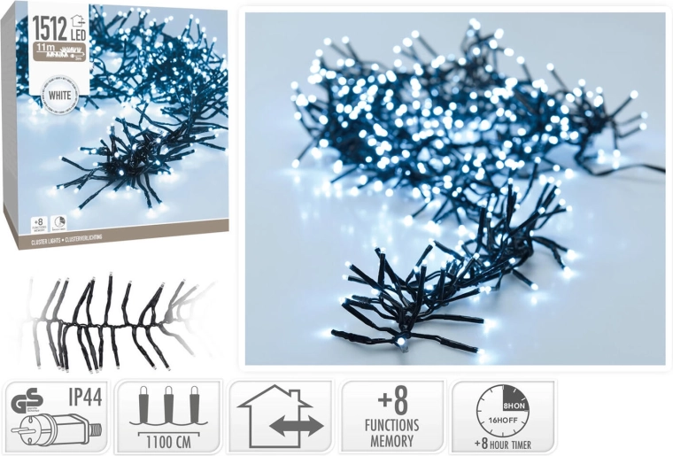 Julelyskæde 11 m, 1512 LED, kold hvid, 8 funktioner, IP44, med timer - 1 stk