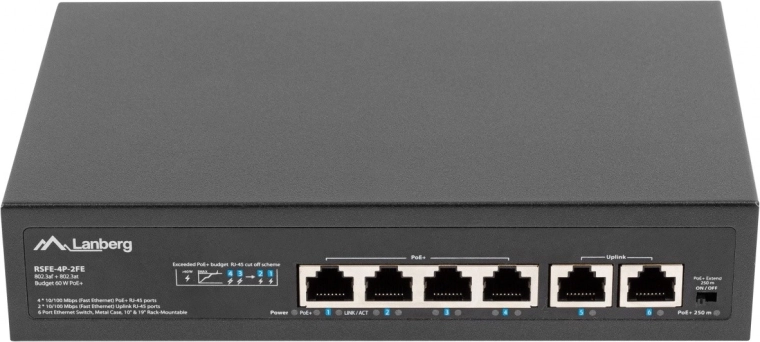 Lanberg-switch 4x PoE+ med 2 uplink-porte