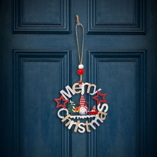 Juletræspynt i træ med nisse, 11 cm