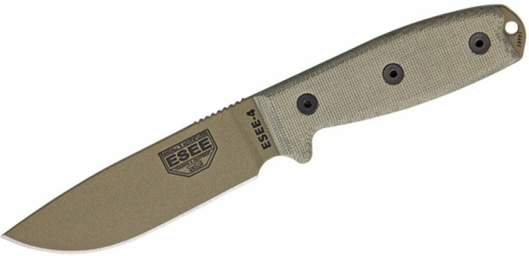 Universalkniv ESEE 4 Dark Earth med micarta-skæfte og MOLLE-skede