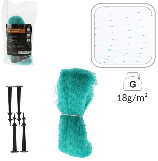 Beskyttelsesnet mod fugle 2 × 10 m, 5 g/m², grøn + 6 jordspyd
