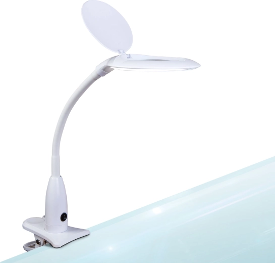 LED-bordlampe med forstørrelsesglas og klemme, hvid