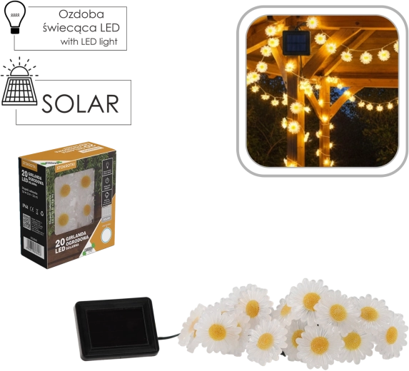 Solcelledrevet haveguirlande med bellis, 20 LED, varm hvid, 2 + 3,8 m