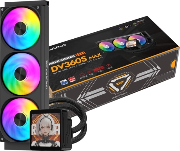 DarkFlash DV360S MAX 360 mm AIO-vandkøling til CPU med IPS-skærm, sort