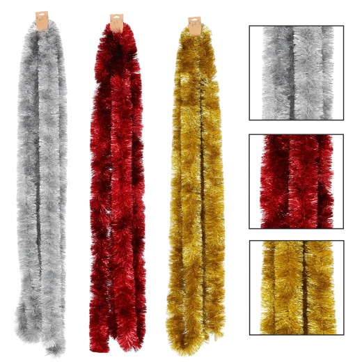 Juledekorativ guirlande 6 m i rød, guld og sølv