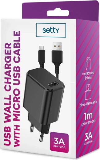 Vægoplader SETTY 1x USB 3A sort + microUSB-kabel 1 m