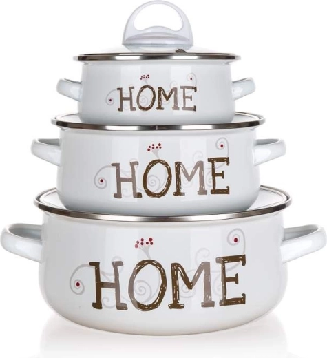 Sæt emaljerede gryder BANQUET Home, 6 stk., hvide med glaslåg