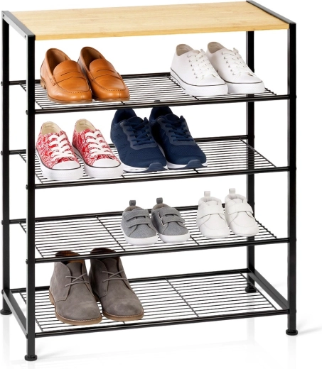 Vilde metal-skoreol i sort med 5 hylder og bambusplade 60 × 30 × 74 cm