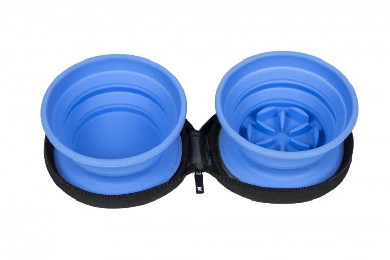 KIWI WALKER rejsemad- og vandskål med dobbelt skål og slow feeder, blå