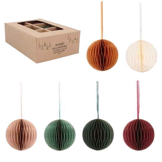 Sæt med papir-julekugler i bikubestruktur, diameter 8 cm, farvemix, 6 stk.