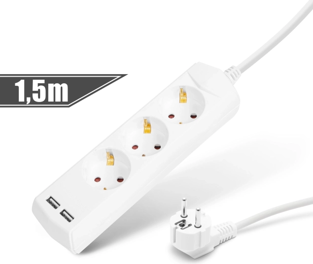 Forlængerledning med 3 stikkontakter og 2 USB-porte, 1,5 m