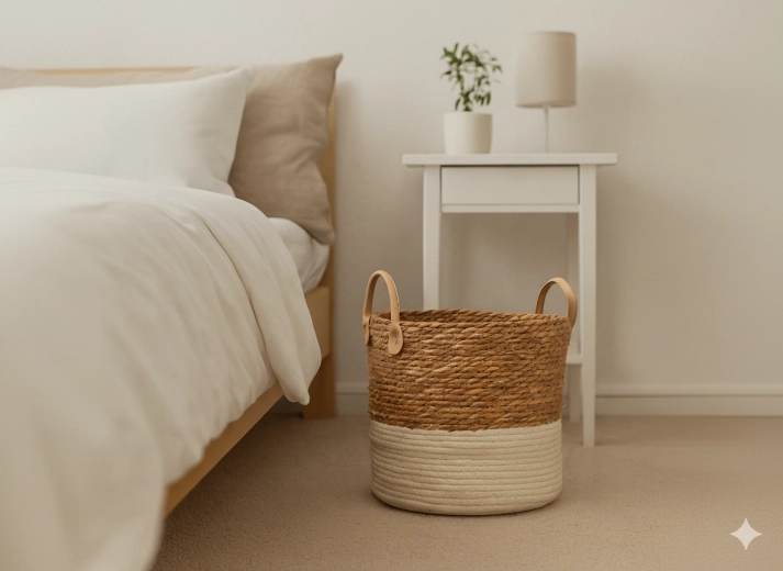 Flettet opbevaringskurv af søgræs med kvaster, 28 × 26 cm