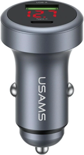 USAMS aluminiums-biloplader 45 W USB-A + USB-C med LED