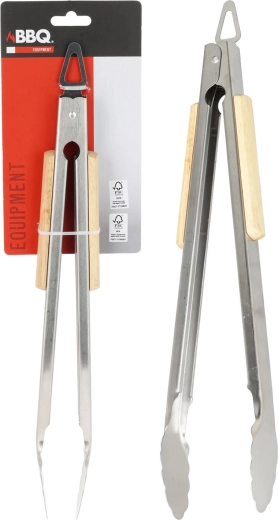 Grilltænger i rustfrit stål med træhåndtag 37,5 cm