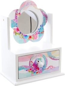 Træ-smykkeskrin med blomsterspejl Enhjørning