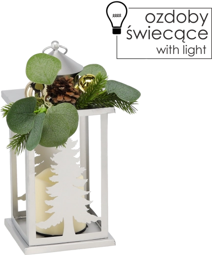 Julelanterne i metal med små træer og LED-lys, sølvfarvet