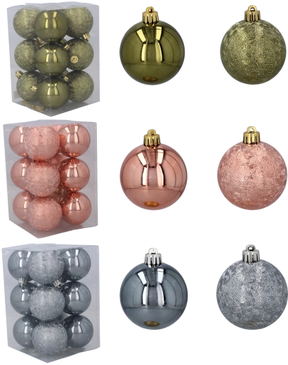 Sæt med plastjulepynt 6 cm – oliven, kobber og grafit, 12 stk.