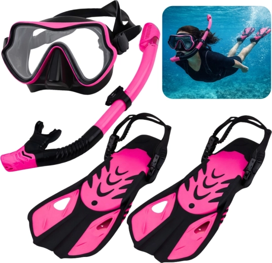 Snorkelsæt med maske, snorkel og finner sort‑pink S/M (EU 37‑41)