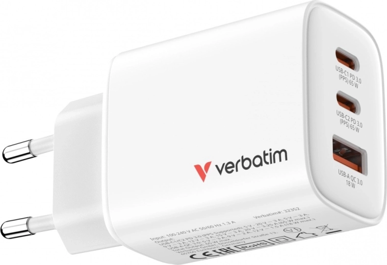Verbatim Essentials GaN-oplader 65 W (2× USB-C PD 3.0 + 1× USB-A QC 3.0), EU, hvid