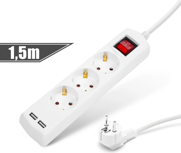 Forlængerledning med 3 stikkontakter, 2 USB-porte og afbryder, 1,5 m