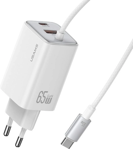 Usams JC Series 65W GaN-vægoplader med integreret USB‑C-kabel (2× USB‑C, 1× USB‑A), hvid