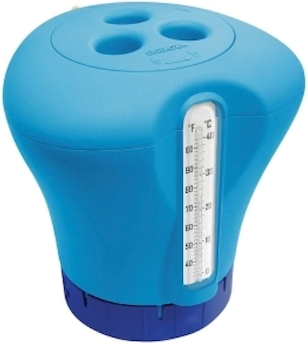 Blå klordispenser med termometer