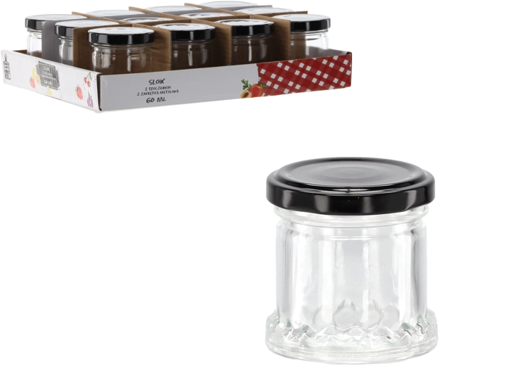 Glaskrukke 60 ml med relief og sort metal­låg