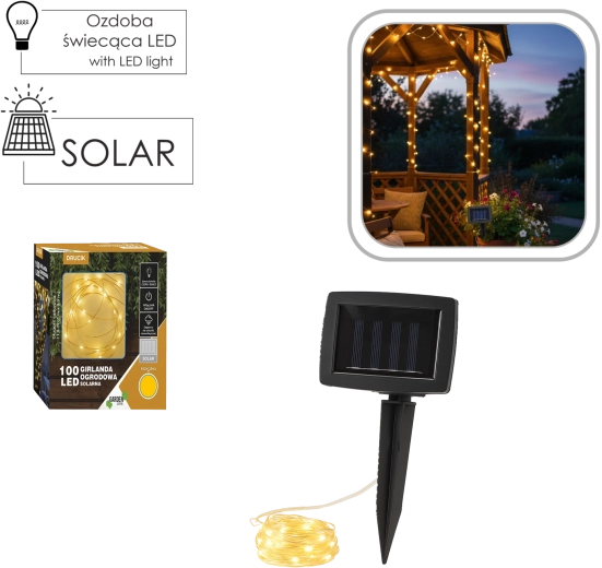 Solcelledrevet LED-lyskæde 100 dioder varm hvid 11,9 m IP44