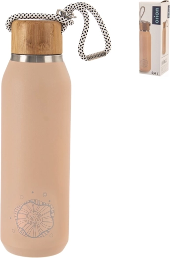 Termoflaske i rustfrit stål med bambuslåg, blomster, 0,6 l, pink