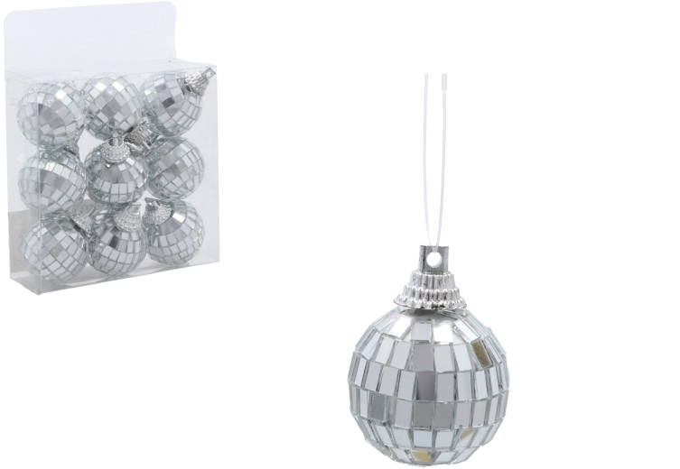 Sæt af sølvfarvede diskokugle-julekugler 3 cm – 9 stk.
