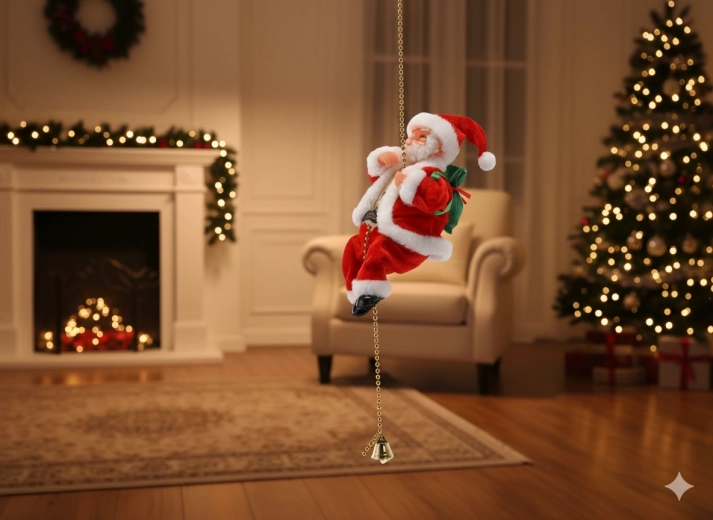 Klatrende julemand på gylden kæde med klokke 20,5 cm