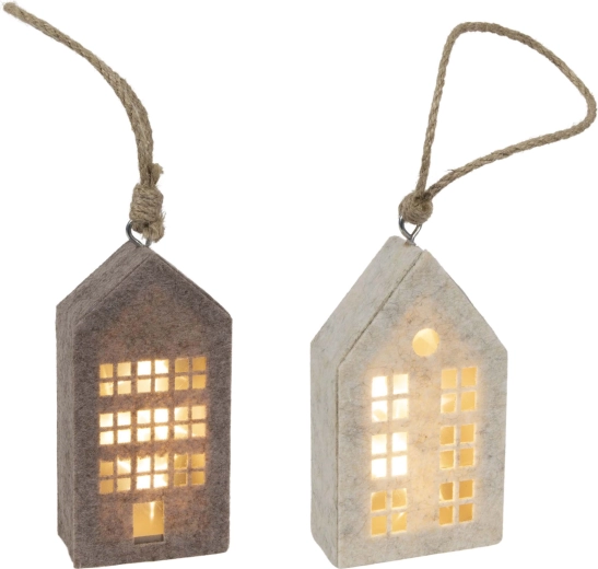 Juleophængsdekoration i filt – lille hus med LED 14,5 cm