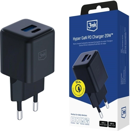 3mk Hyper GaN 20 W netoplader, sort