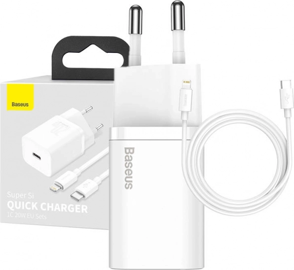 BASEUS Super Si 20W oplader 1× USB‑C + kabel USB‑C til Lightning 1 m (hvid)