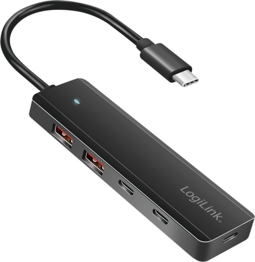 Ultratynd USB‑C‑hub med 4 porte (2× USB‑A, 2× USB‑C), sort