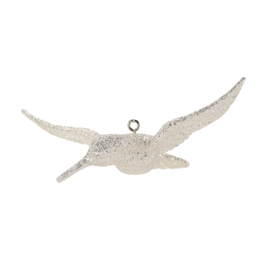 Glas julepynt hvid kolibri blank 8 × 13 cm, sæt med 6 stk.