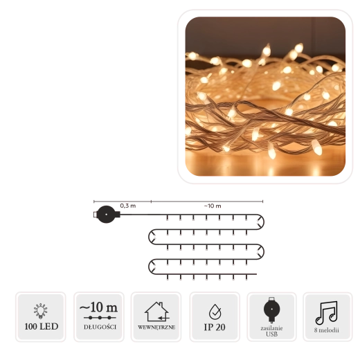 LED lyskæde med melodi USB, 100 lys, multicolor, 10 m