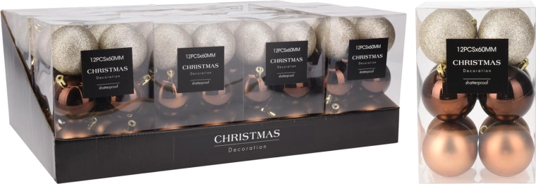 Julekugler 6 cm brun‑guld, mix 12 stk.