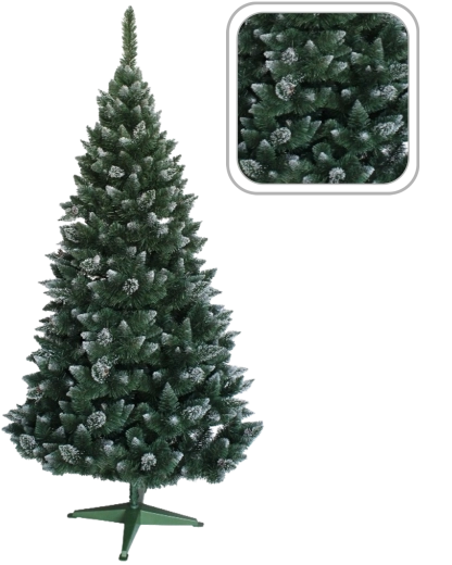 Snestrøet kunstigt juletræ i fyrrestil med glitter og kogler 180 cm