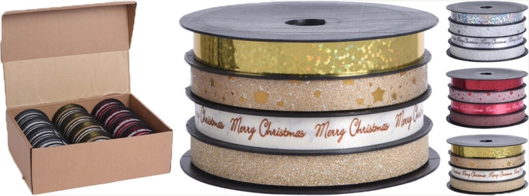 Glitrende gavebånd 4 m × 1 cm, mix sølv/guld/rød (4 stk.)