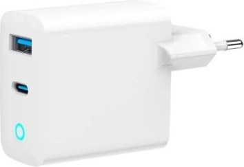 USB‑A/USB‑C 65 W GaN vægoplader med LED, PD og QC 3.0, hvid