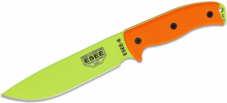 Fast kniv ESEE 6 med glat æg, grøn klinge og orange G10-skæfte med skede