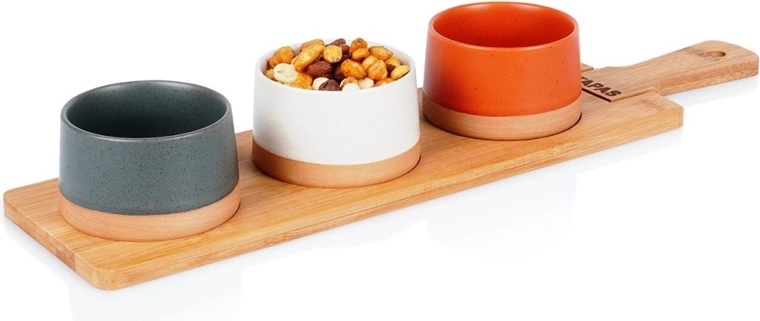 Sæt keramiske tapas-skåle med bambusbræt 48 cm, 4 dele