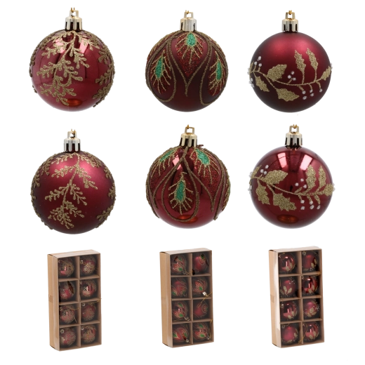 Sæt burgunderrøde julekugler 6 cm med gyldent bladmønster – 8 stk.