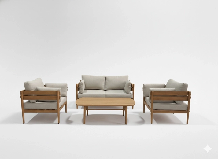 Aluminiums havesæt Podgorica, 4 dele (sofa, 2 lænestole, sofabord) – brun ramme, beige hynder