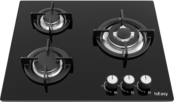 IsEasy indbygget gas-kogeplade med 3 brændere, sort glas, støbejernsrist